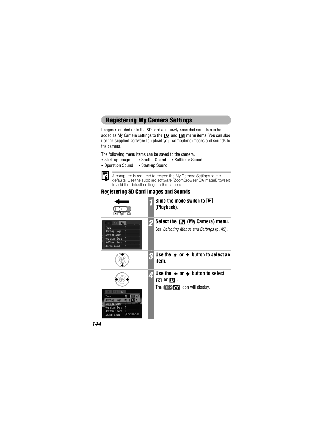 Canon IXUS 30, IXUS 40 manual Registering My Camera Settings, 144, Operation Sound Start-up Sound, Icon will display 