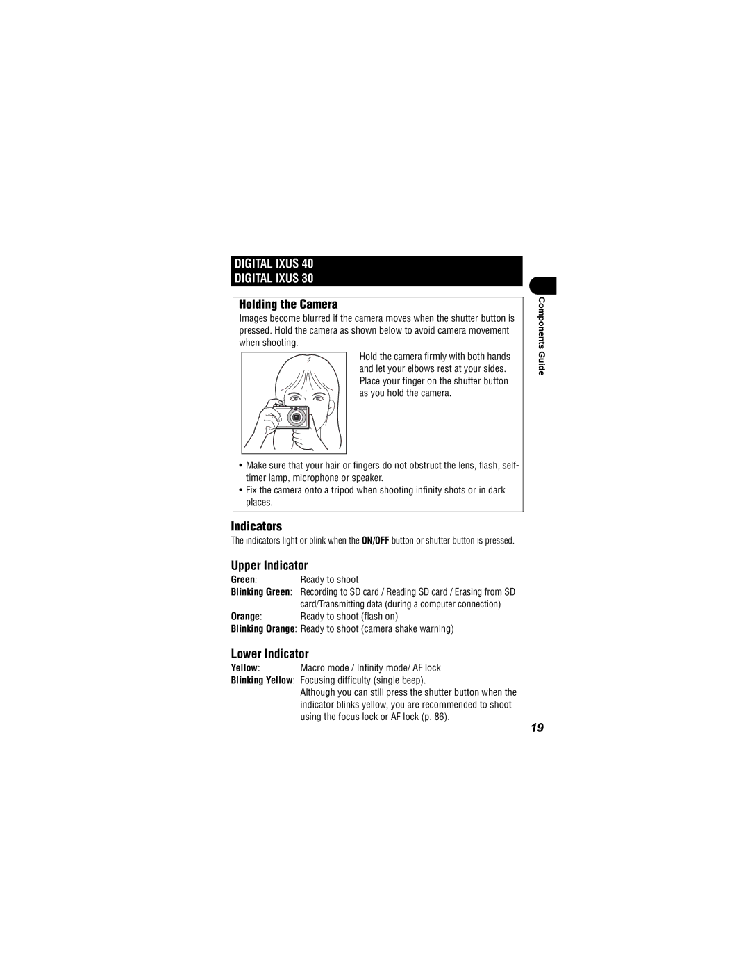 Canon IXUS 40, IXUS 30 manual Holding the Camera, Indicators, Upper Indicator, Lower Indicator, Green Ready to shoot 