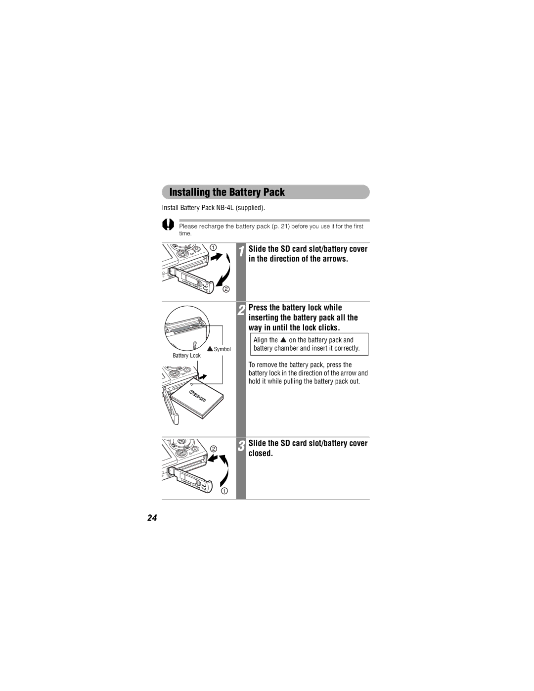 Canon IXUS 30, IXUS 40 manual Symbol Battery Lock 