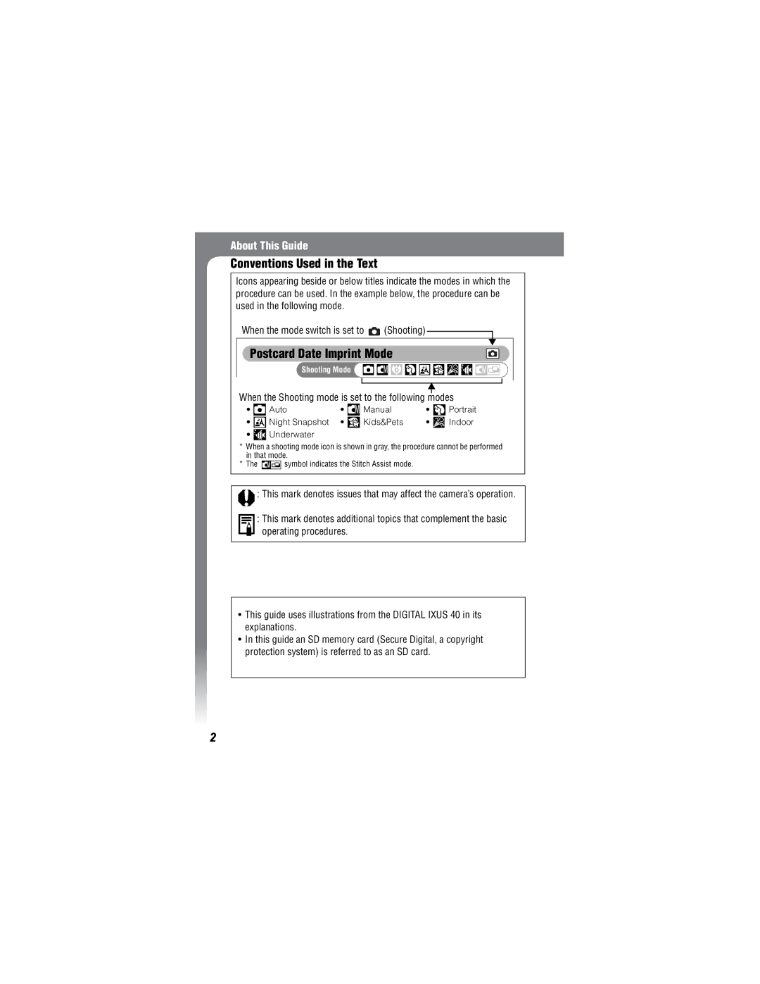 Canon IXUS 30, IXUS 40 manual Conventions Used in the Text, Postcard Date Imprint Mode 