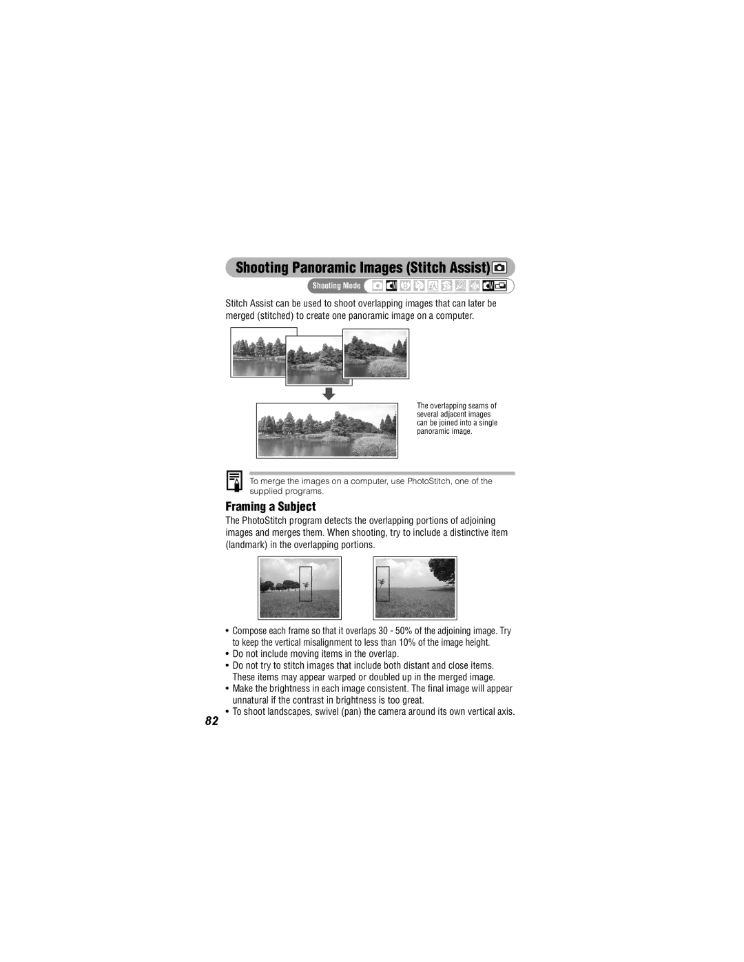 Canon IXUS 30 manual Shooting Panoramic Images Stitch Assist, Framing a Subject, Do not include moving items in the overlap 