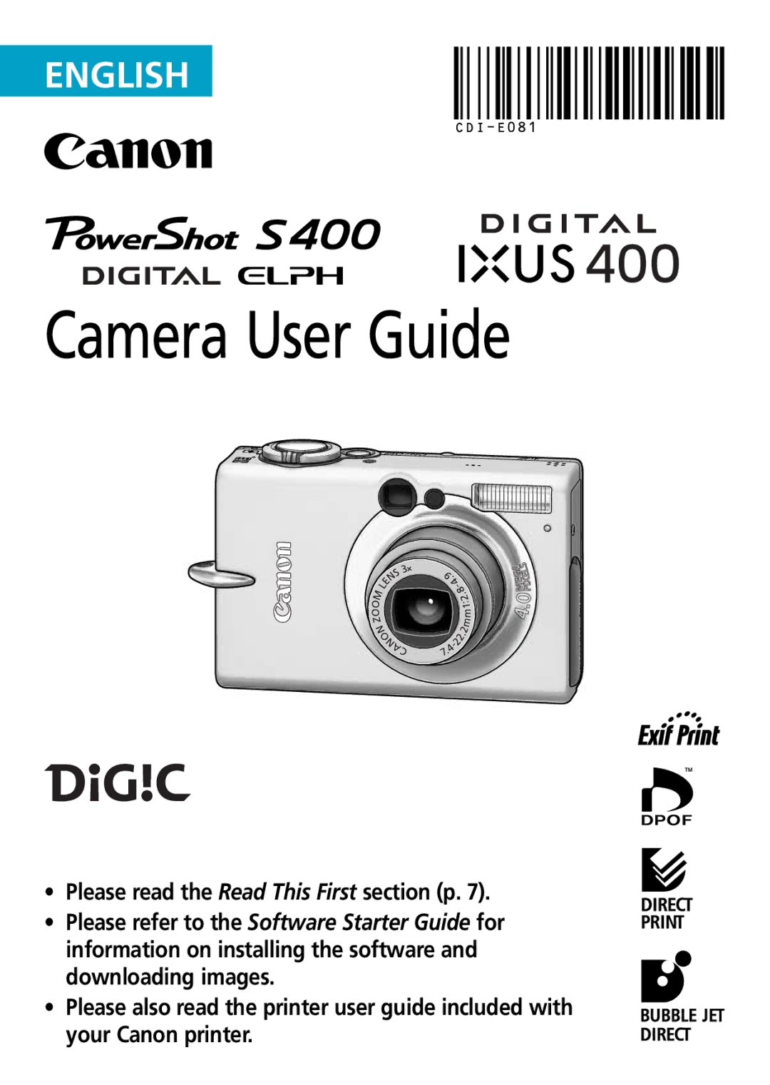 Canon IXUS 400 manual Camera User Guide 