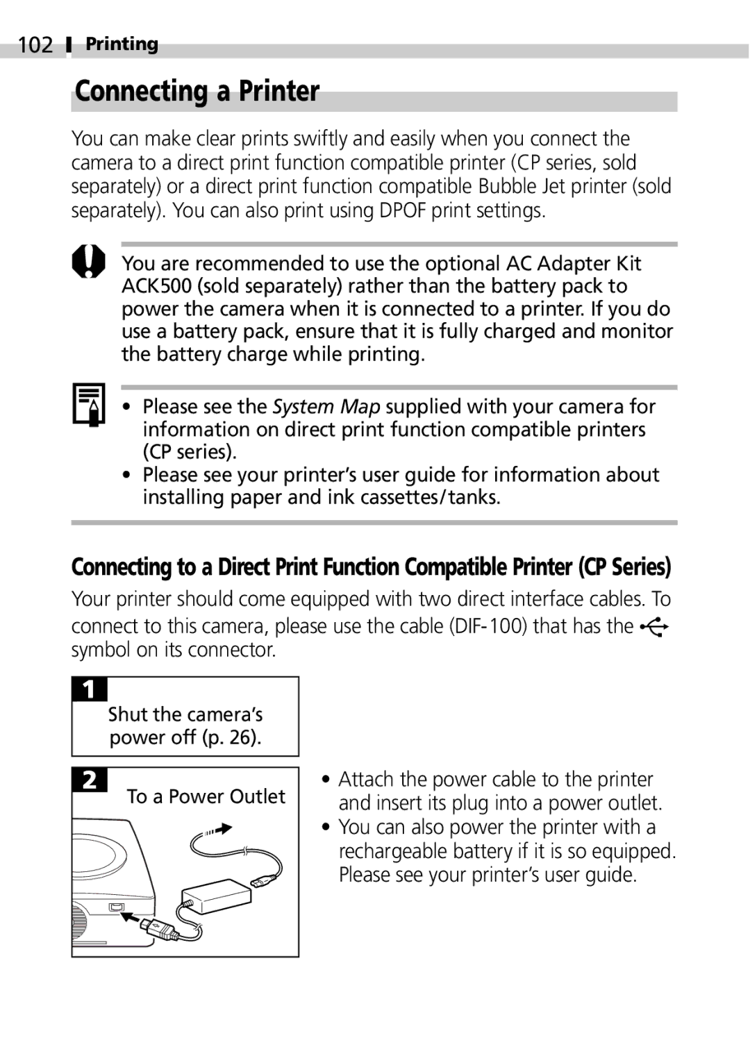 Canon IXUS 400 manual Connecting a Printer, 102, Power off p, To a Power Outlet 