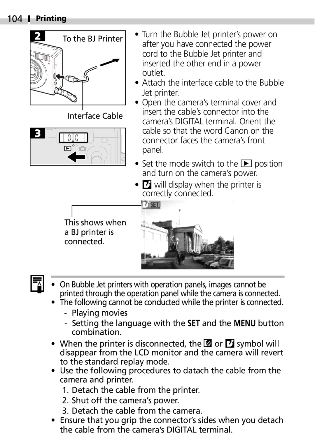 Canon IXUS 400 manual 104, Will display when the printer is correctly connected, This shows when a BJ printer is connected 