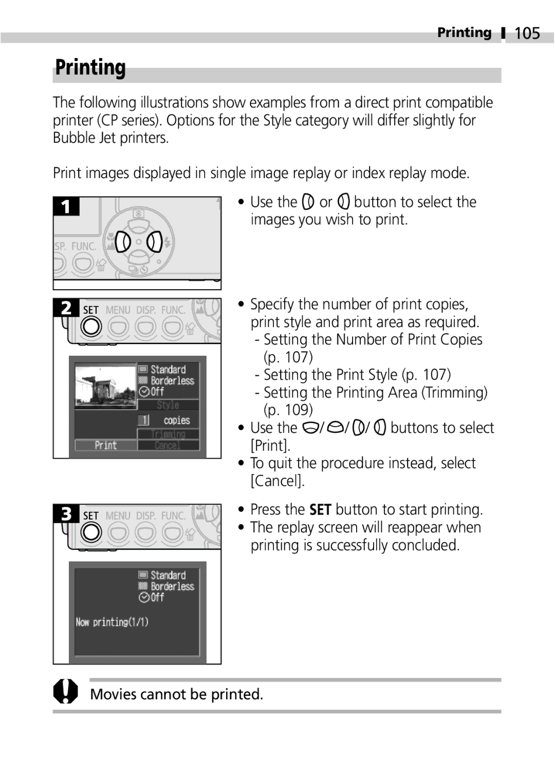 Canon IXUS 400 manual Printing, 105, Movies cannot be printed 