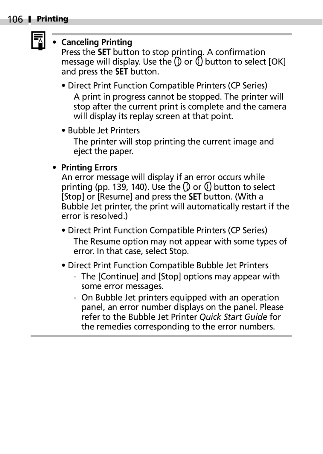 Canon IXUS 400 manual 106, Canceling Printing, Printing Errors 