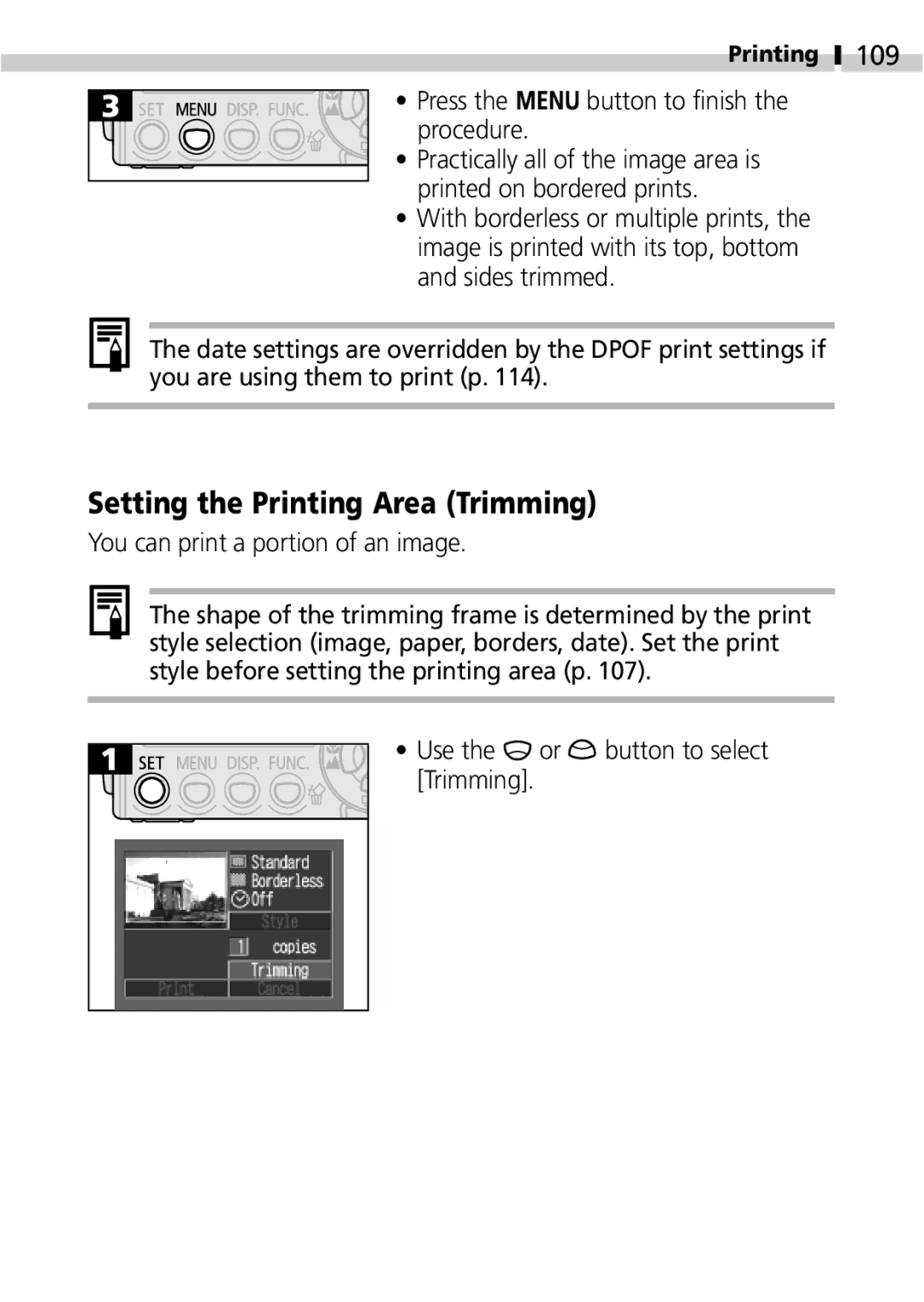 Canon IXUS 400 manual Setting the Printing Area Trimming, 109 