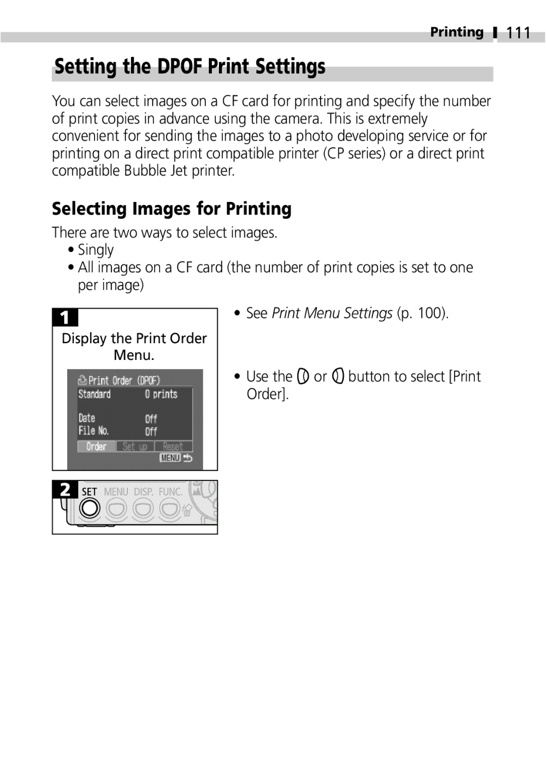 Canon IXUS 400 manual Setting the Dpof Print Settings, Selecting Images for Printing, 111, Menu 