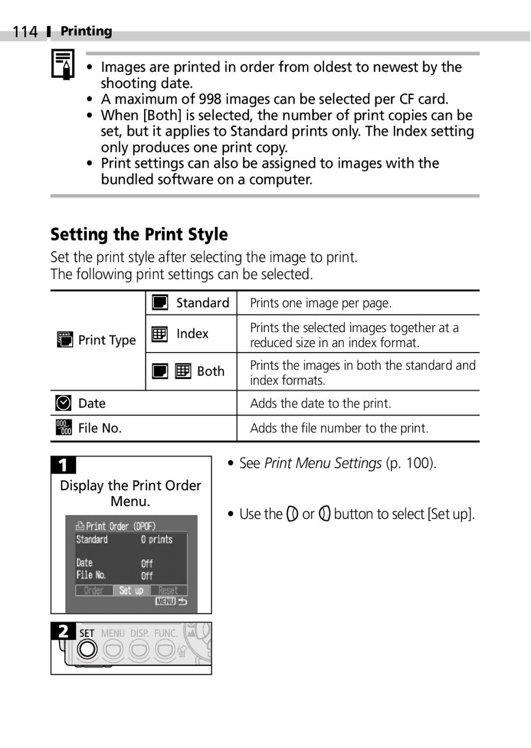 Canon IXUS 400 manual 114, Use the or button to select Set up 