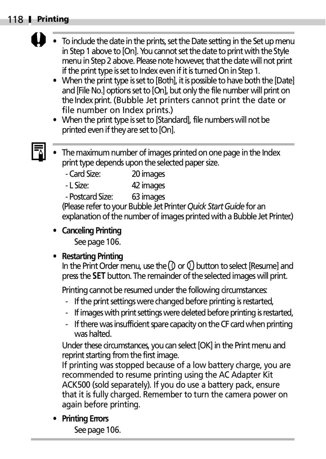 Canon IXUS 400 manual 118, Card Size, Postcard Size, Restarting Printing 