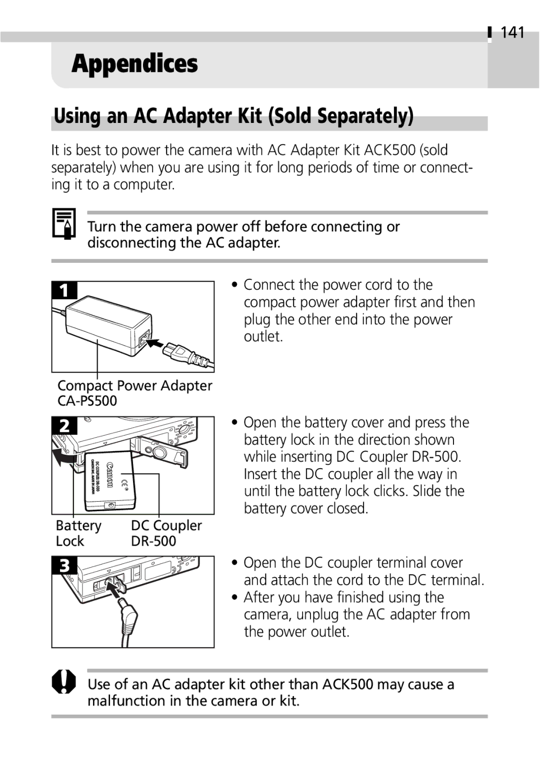 Canon IXUS 400 manual Appendices, Using an AC Adapter Kit Sold Separately, 141, Lock DR-500, DC Coupler 