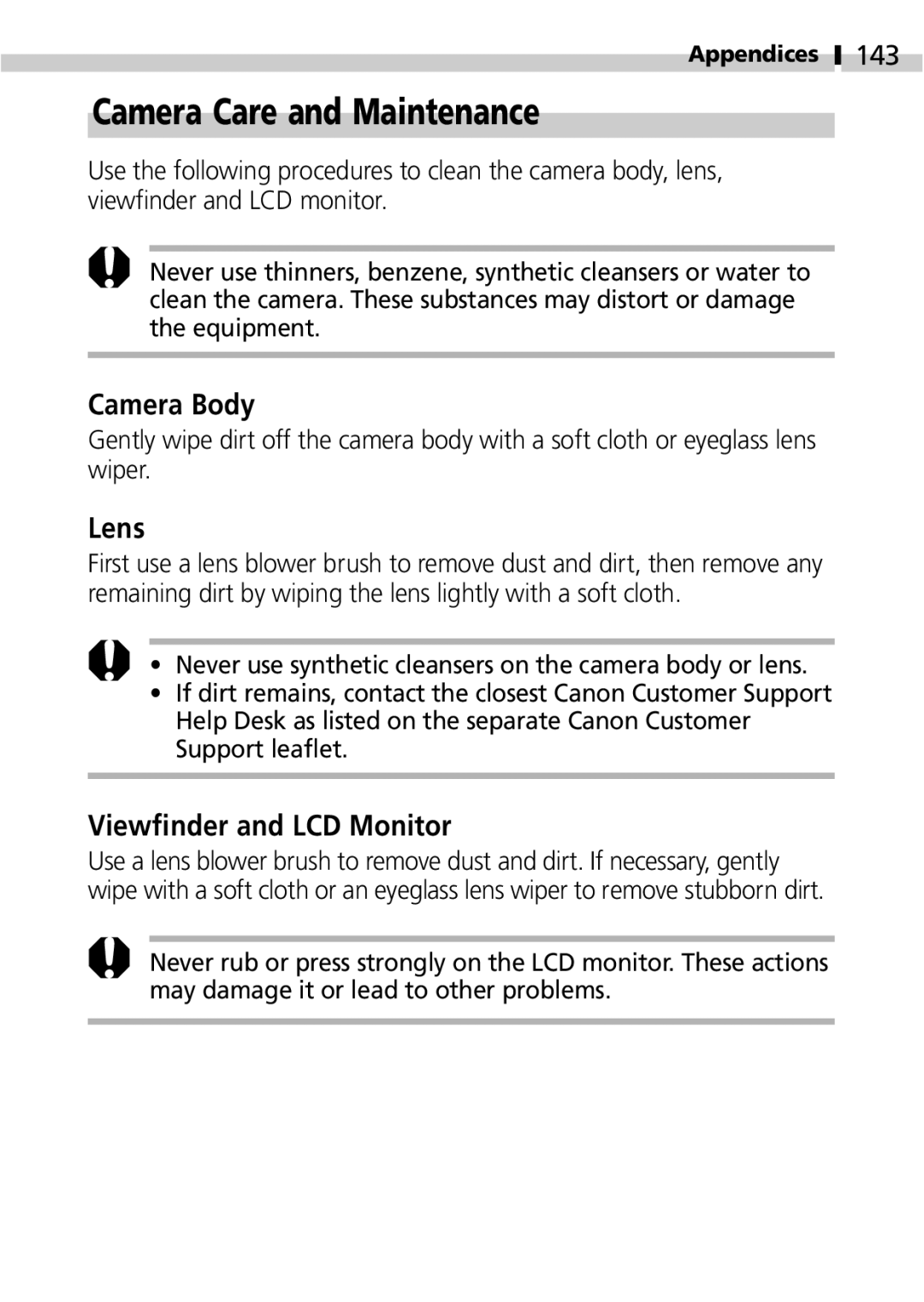 Canon IXUS 400 manual Camera Care and Maintenance, Camera Body, Lens, Viewfinder and LCD Monitor, 143 