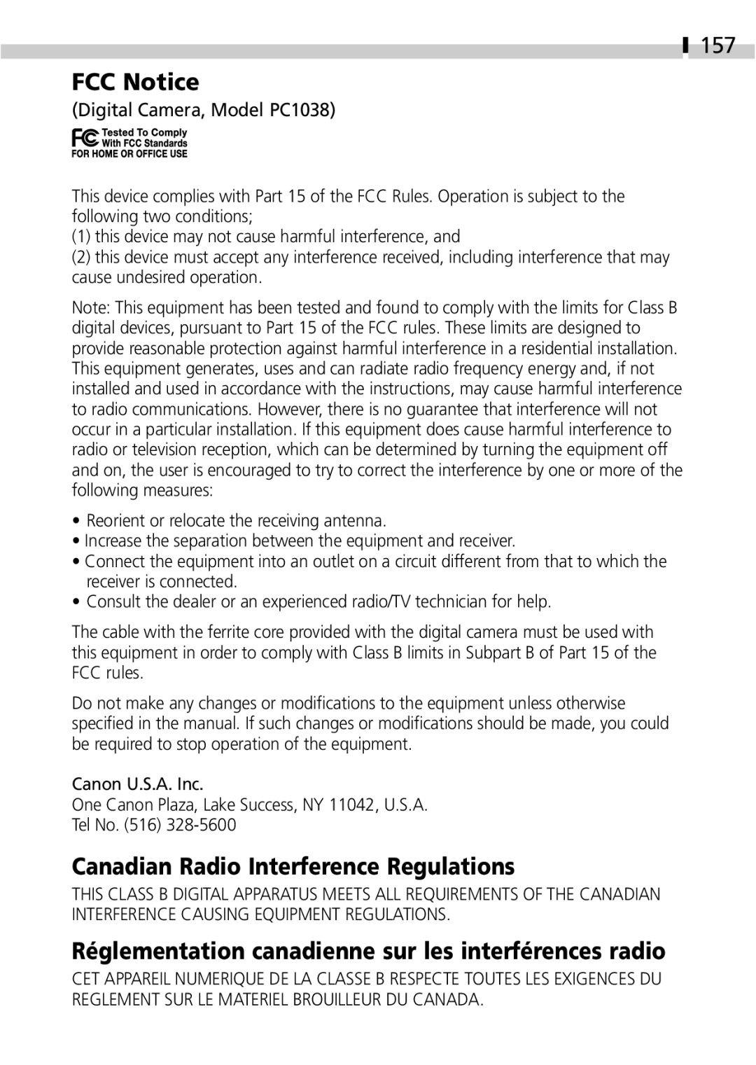 Canon IXUS 400 FCC Notice, Canadian Radio Interference Regulations, Réglementation canadienne sur les interférences radio 