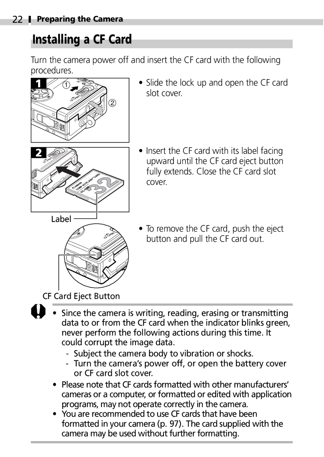 Canon IXUS 400 manual Installing a CF Card 