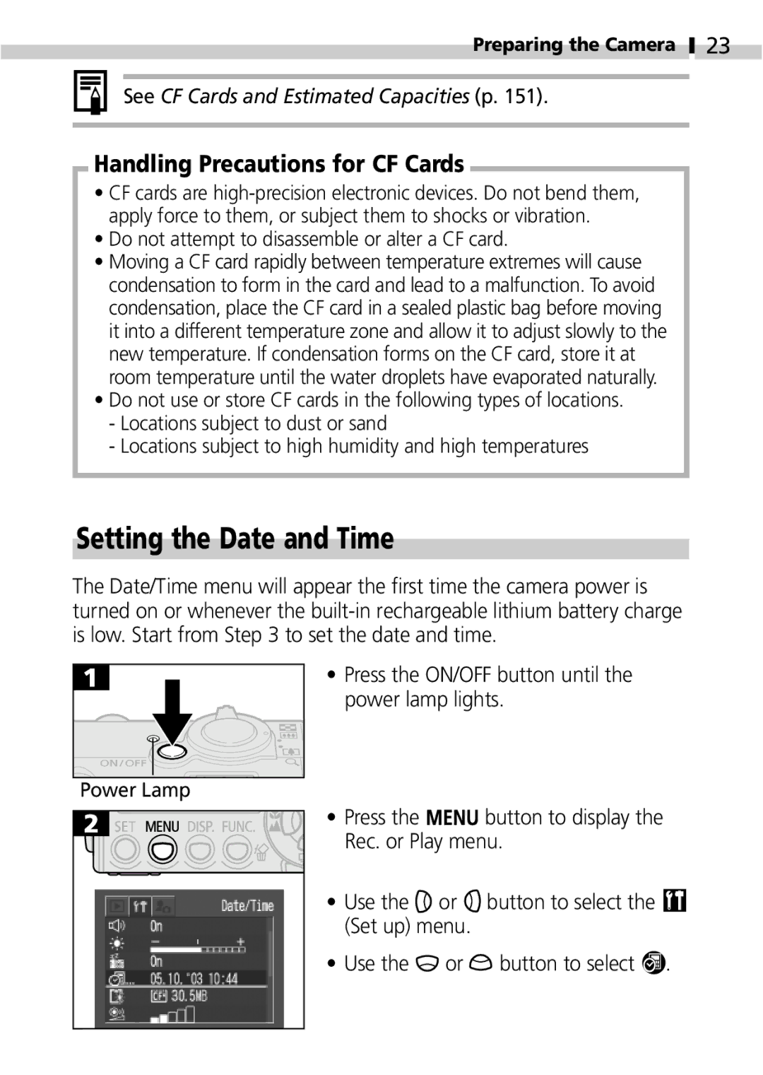 Canon IXUS 400 manual Setting the Date and Time, Handling Precautions for CF Cards 