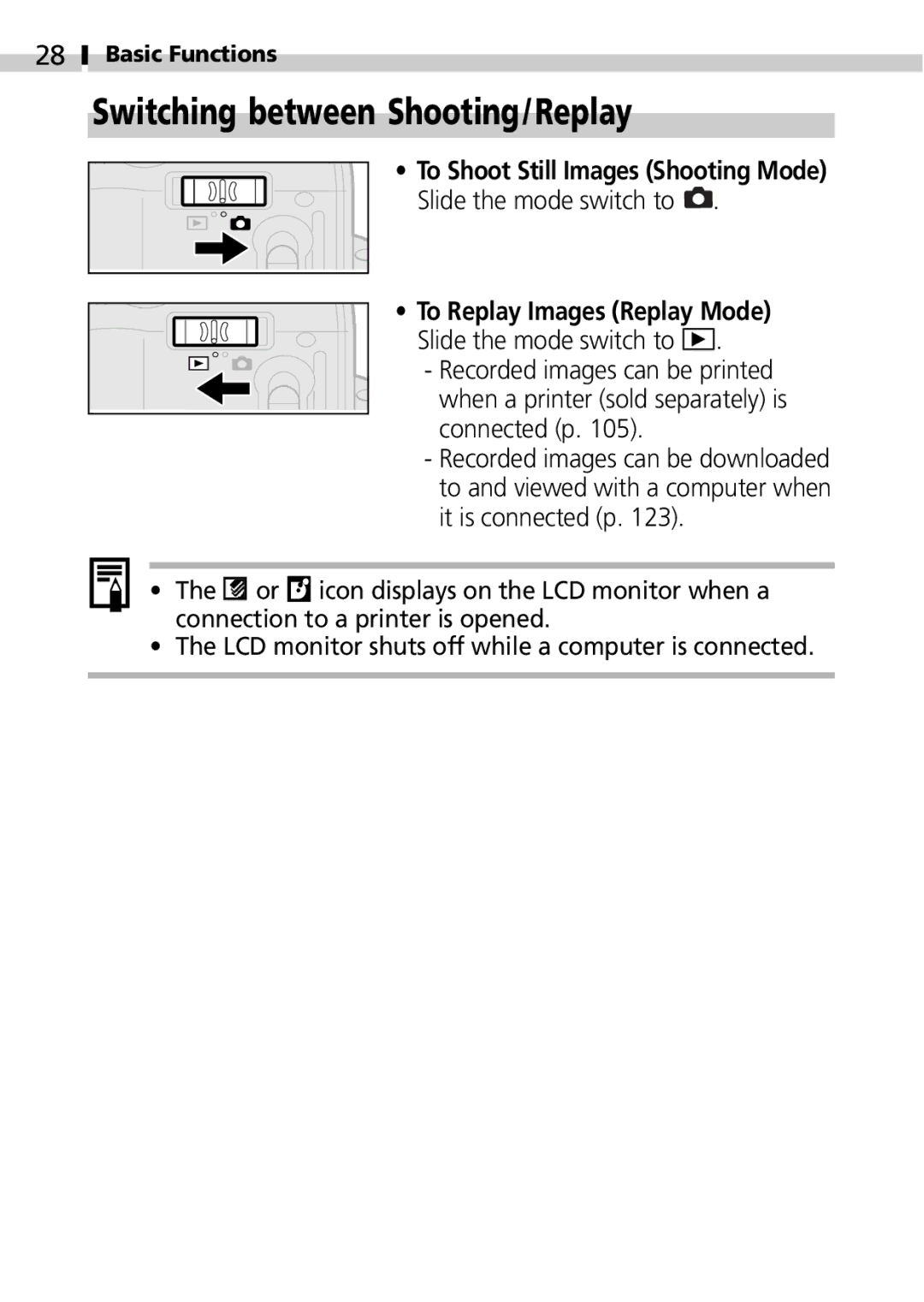 Canon IXUS 400 manual Switching between Shooting/Replay, To Shoot Still Images Shooting Mode Slide the mode switch to 