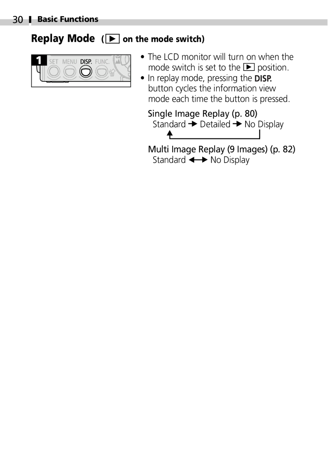 Canon IXUS 400 Replay Mode on the mode switch, Single Image Replay p, Detailed, Multi Image, Replay 9 Images p No Display 