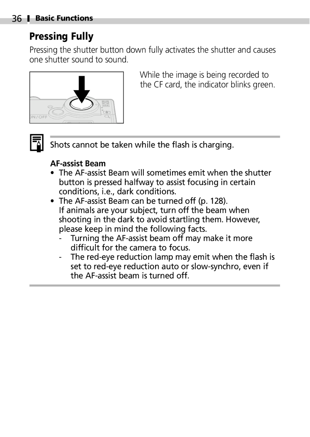 Canon IXUS 400 manual Pressing Fully, Shots cannot be taken while the flash is charging, AF-assist Beam 