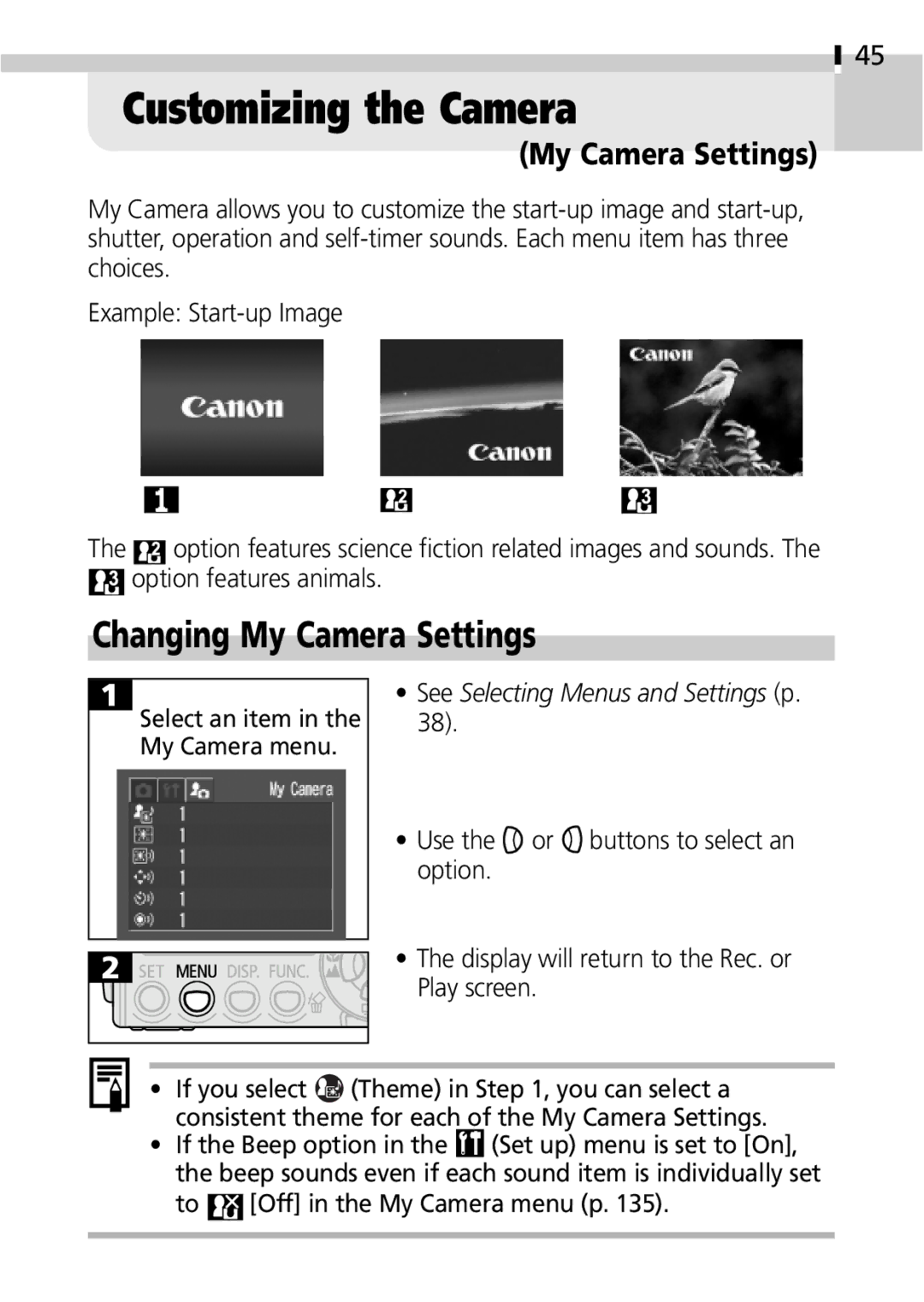 Canon IXUS 400 manual Customizing the Camera, Changing My Camera Settings, Select an item in the My Camera menu 