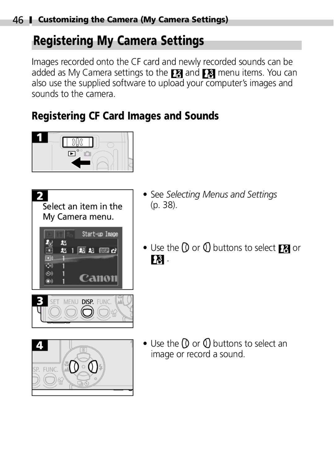 Canon IXUS 400 manual Registering My Camera Settings, Registering CF Card Images and Sounds 