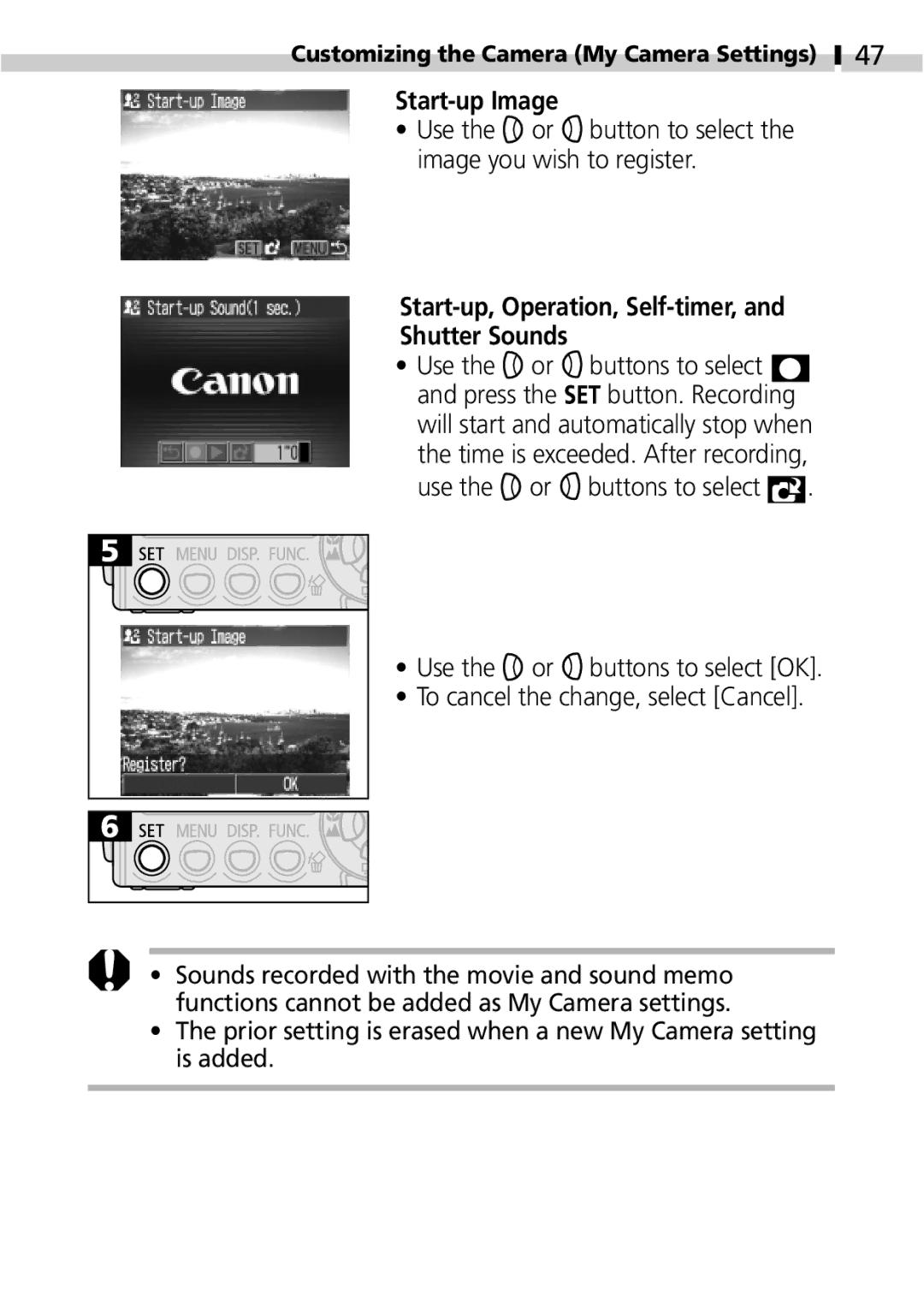 Canon IXUS 400 Start-up Image, Use the or button to select the image you wish to register, Use the or buttons to select 