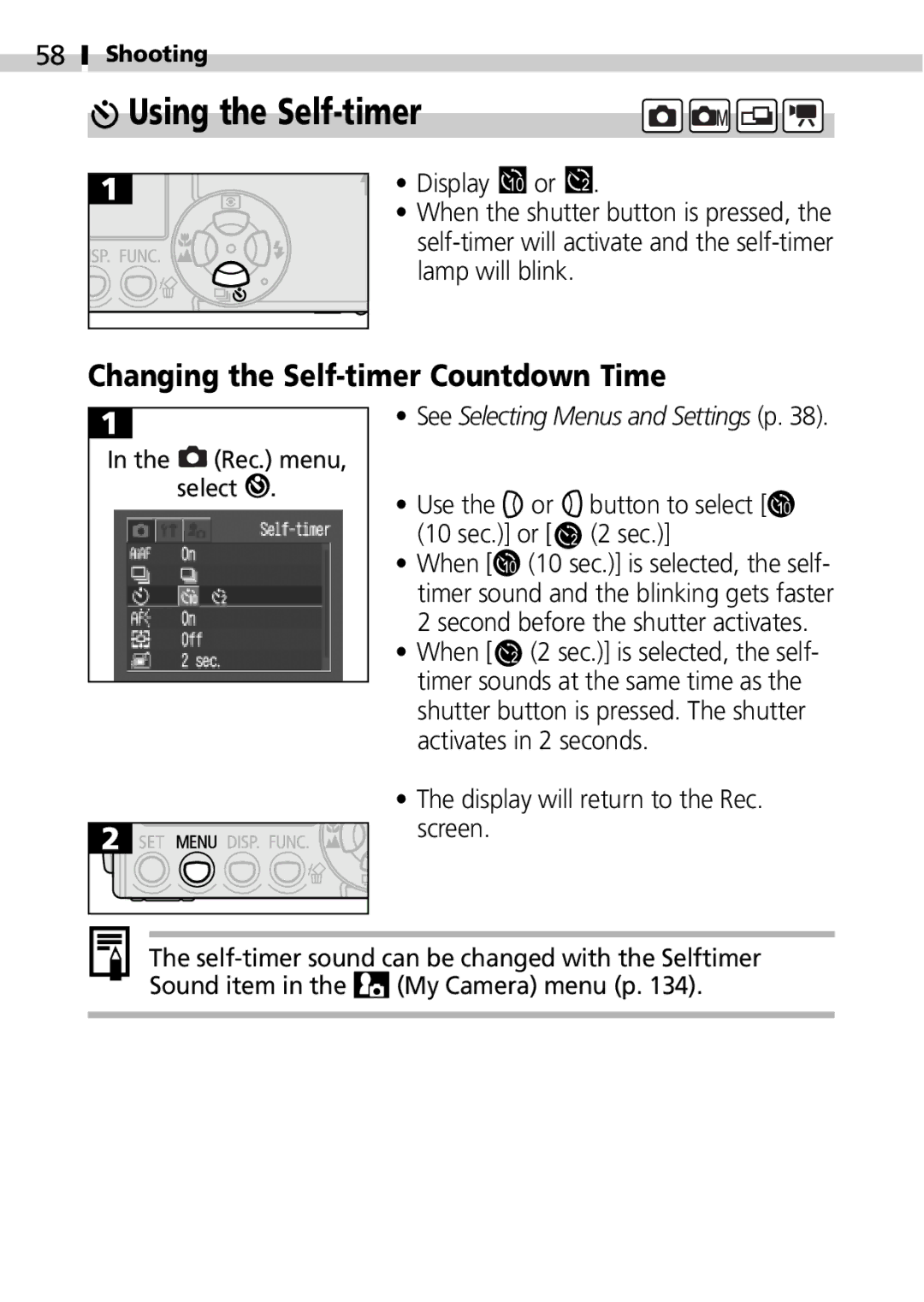 Canon IXUS 400 Using the Self-timer, Changing the Self-timer Countdown Time, Use the or button to select 10 sec. or 2 sec 