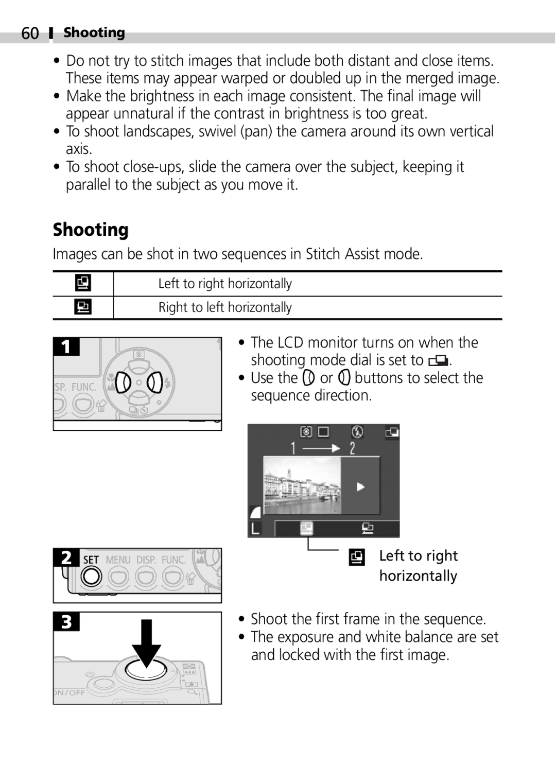 Canon IXUS 400 manual Shooting, Images can be shot in two sequences in Stitch Assist mode 