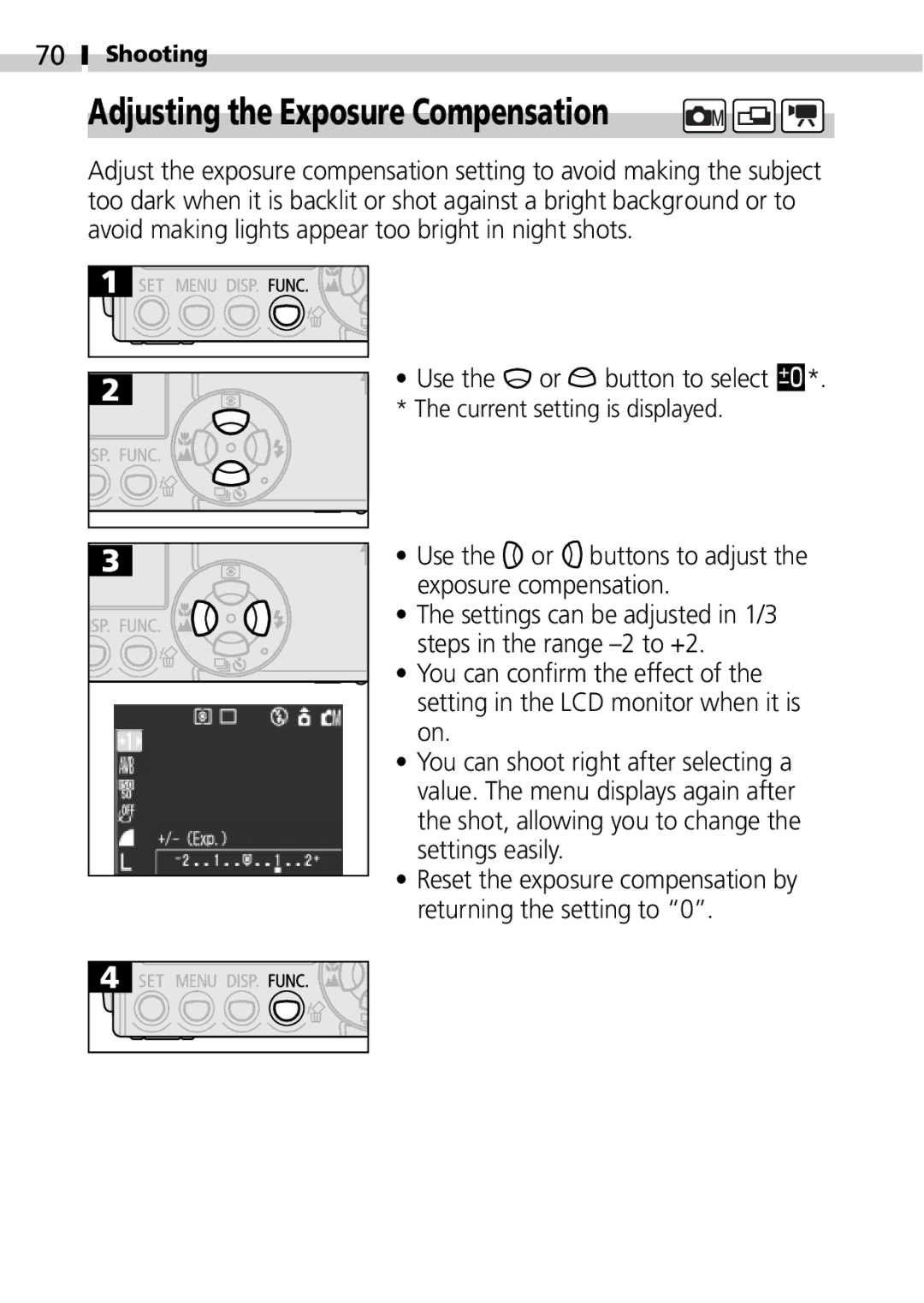 Canon IXUS 400 manual Adjusting the Exposure Compensation 