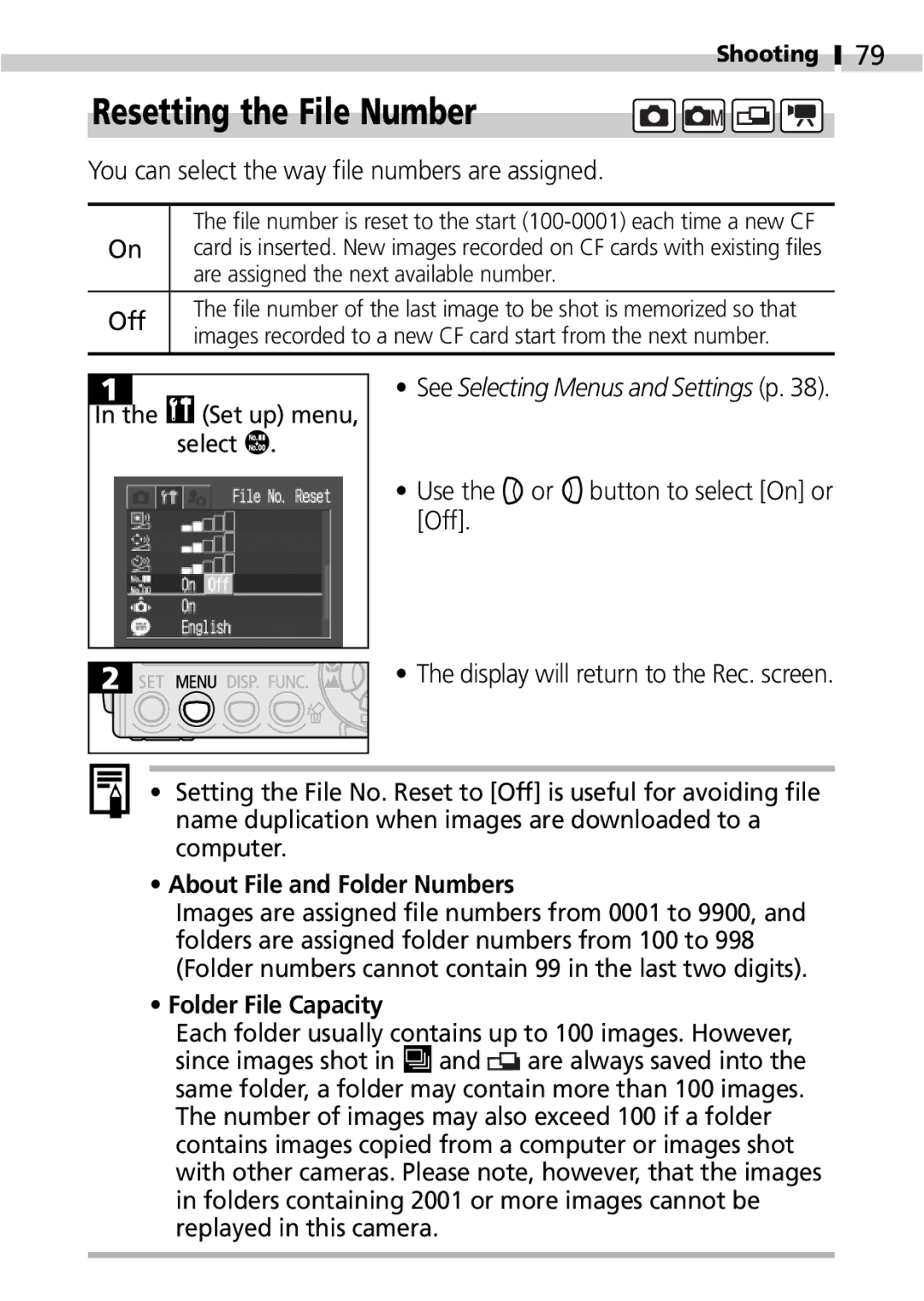 Canon IXUS 400 Resetting the File Number, You can select the way file numbers are assigned, About File and Folder Numbers 