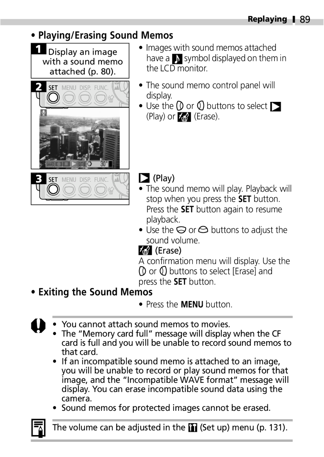 Canon IXUS 400 manual Playing/Erasing Sound Memos, Exiting the Sound Memos 