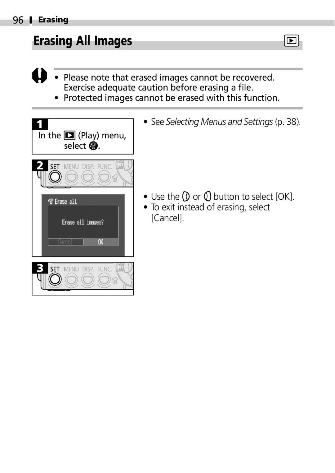 Canon IXUS 400 manual Erasing All Images 