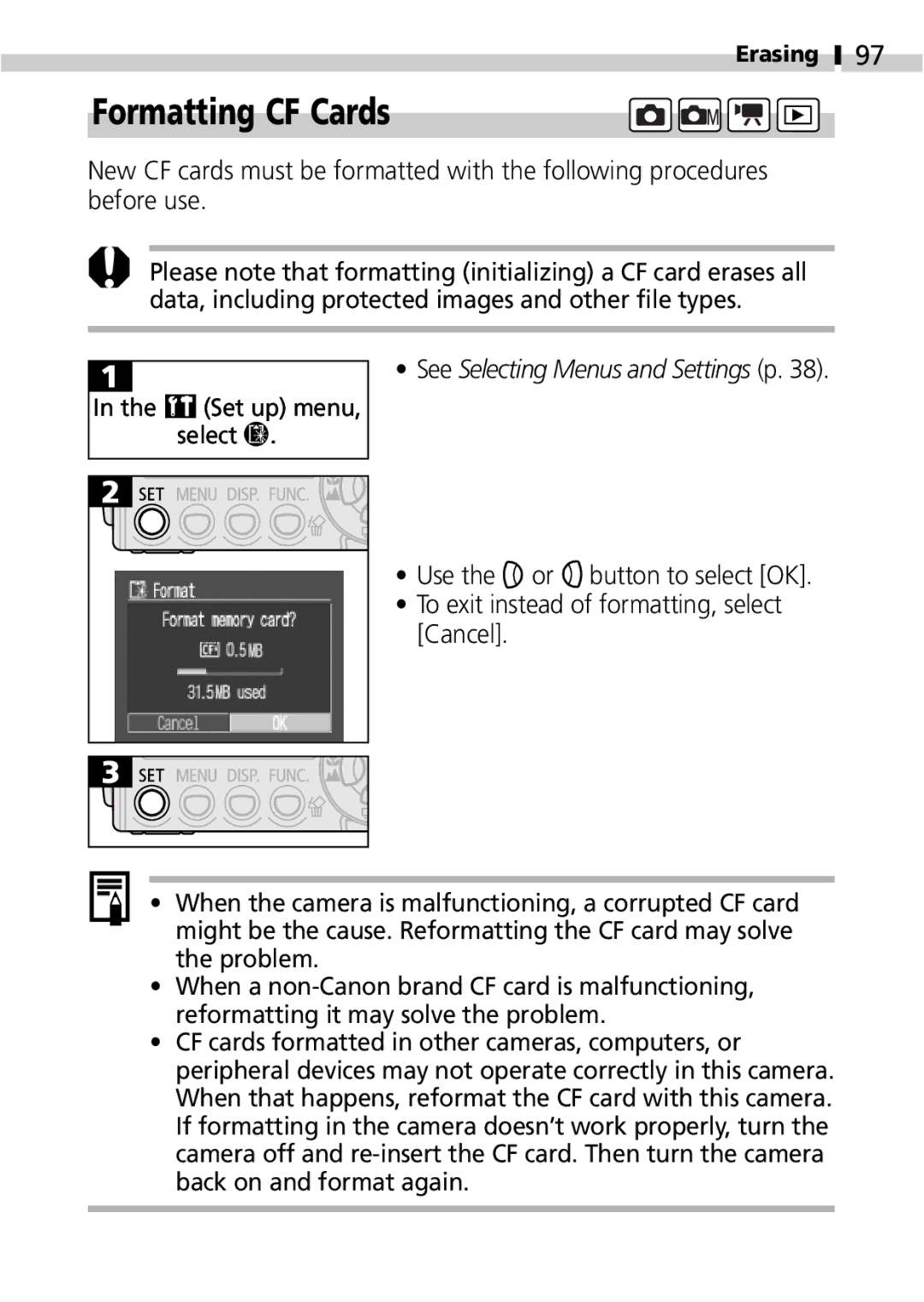 Canon IXUS 400 manual Formatting CF Cards 