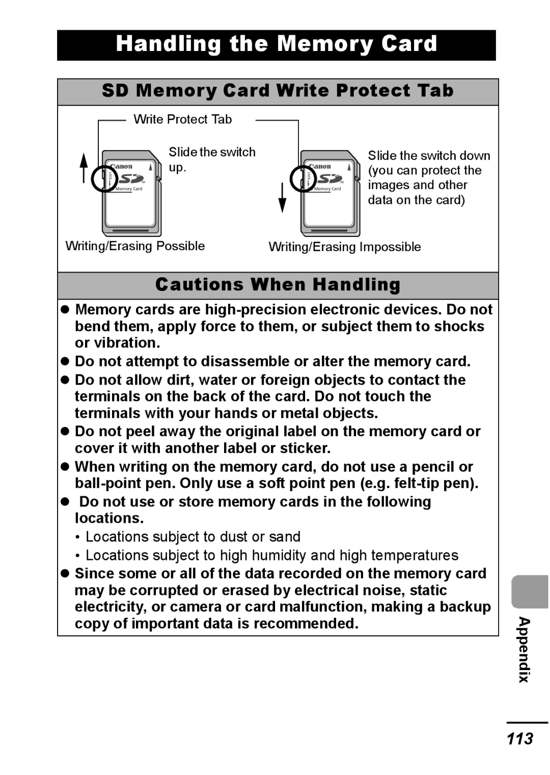 Canon IXUS 800 IS Handling the Memory Card, SD Memory Card Write Protect Tab, 113, Copy of important data is recommended 