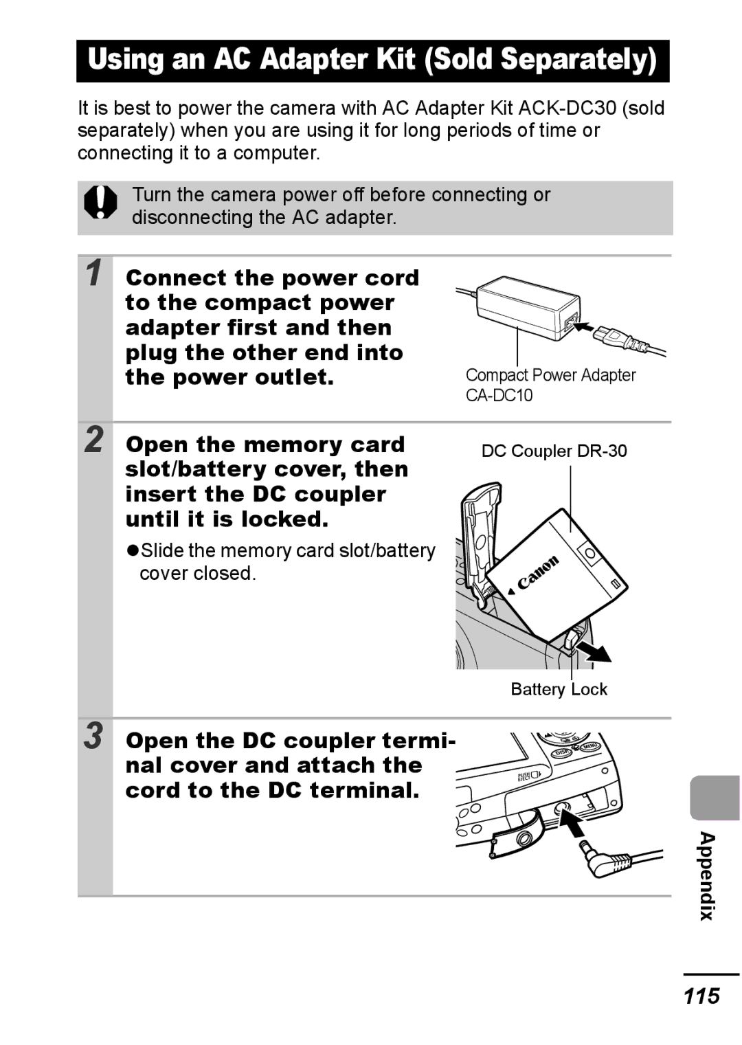 Canon IXUS 800 IS appendix Open the memory card, 115 