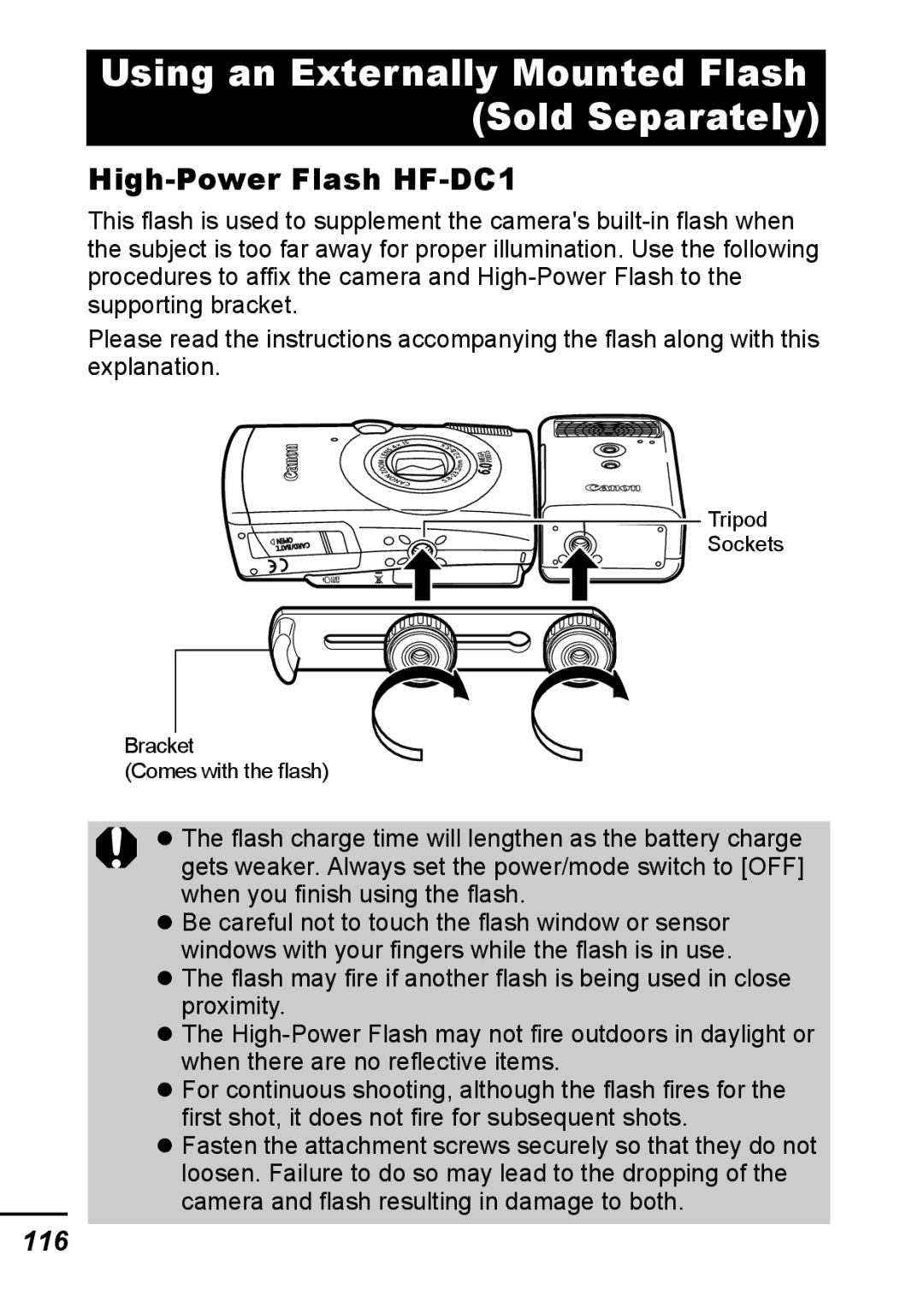 Canon IXUS 800 IS appendix Using an Externally Mounted Flash Sold Separately, High-Power Flash HF-DC1, 116 