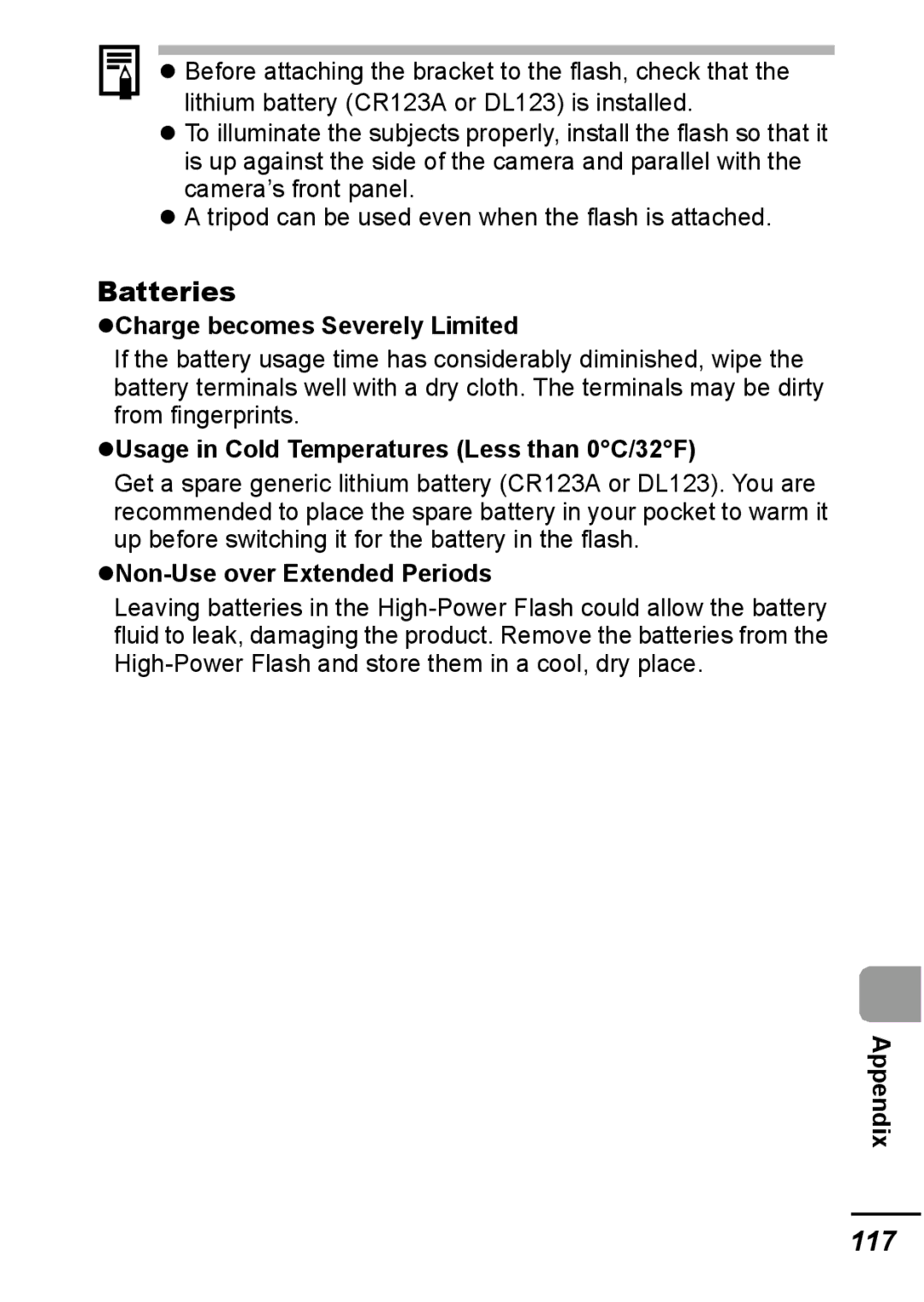 Canon IXUS 800 IS appendix Batteries, 117, Charge becomes Severely Limited, Usage in Cold Temperatures Less than 0C/32F 