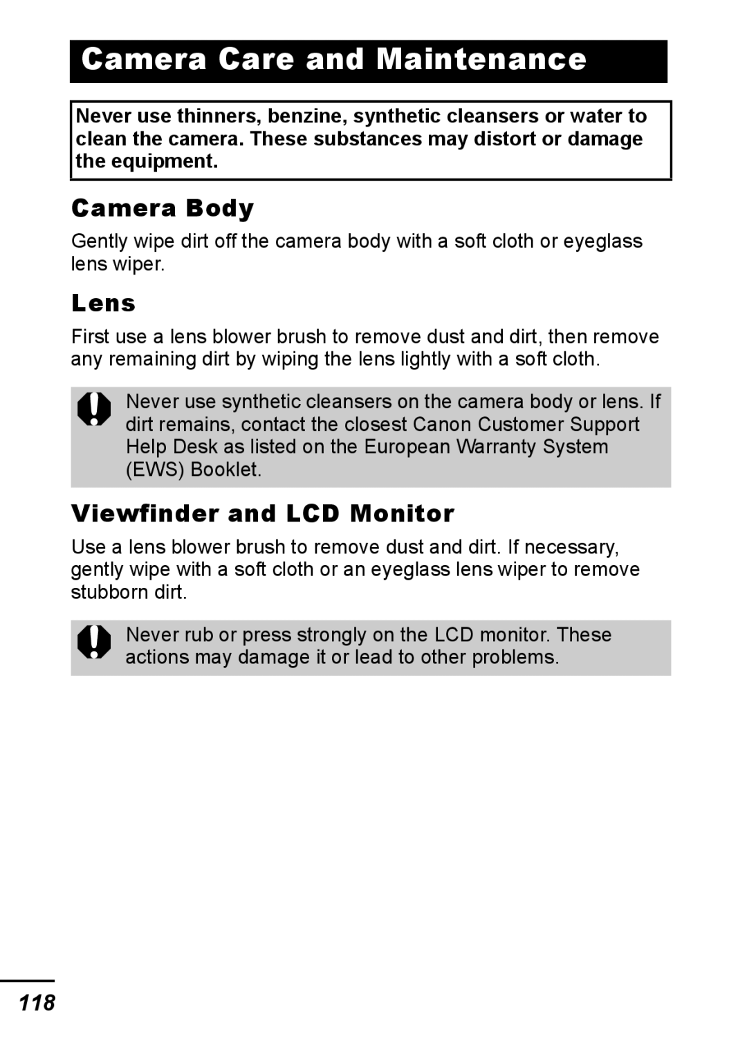 Canon IXUS 800 IS appendix Camera Care and Maintenance, Camera Body, Lens, Viewfinder and LCD Monitor, 118 