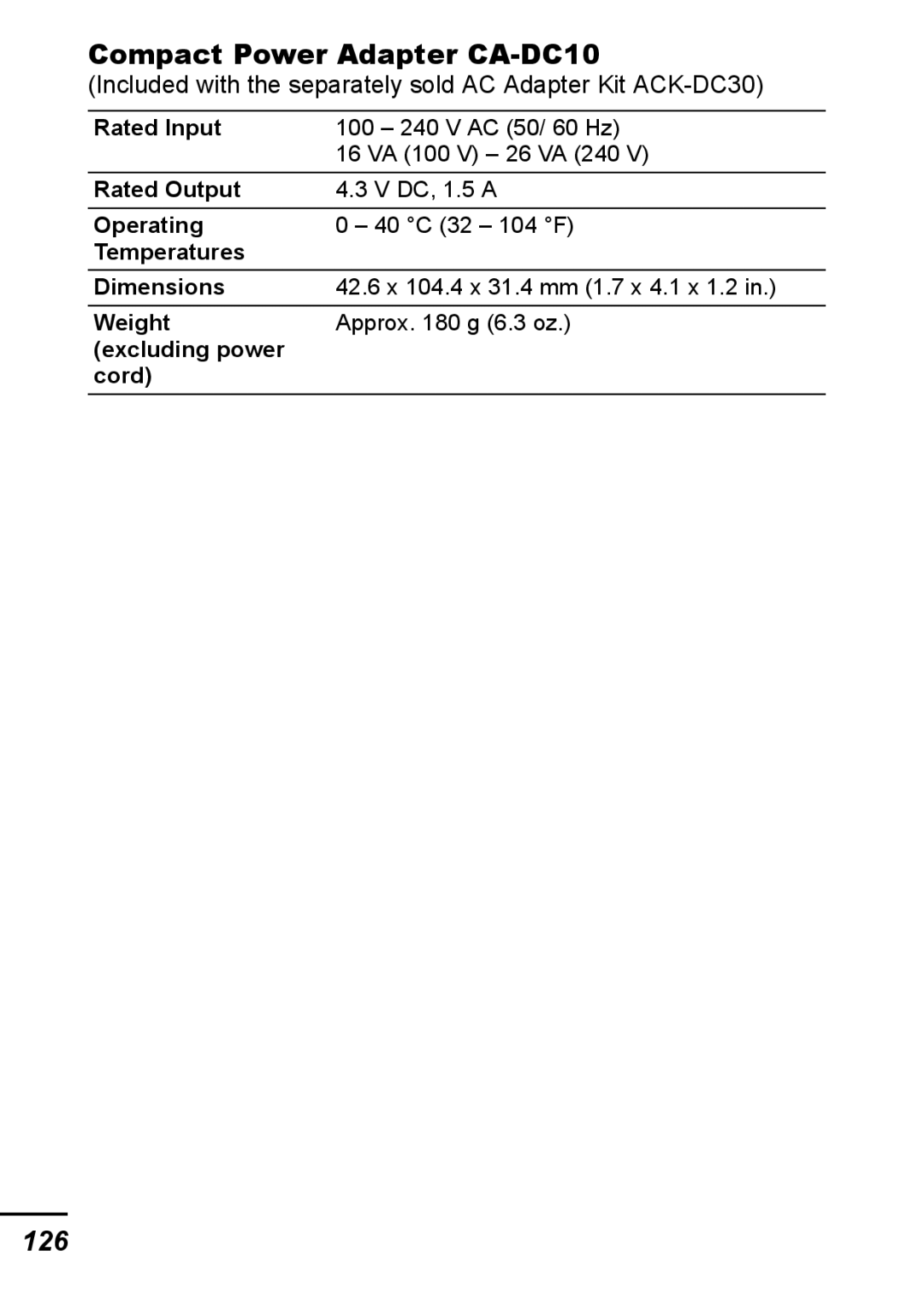 Canon IXUS 800 IS appendix Compact Power Adapter CA-DC10, 126 