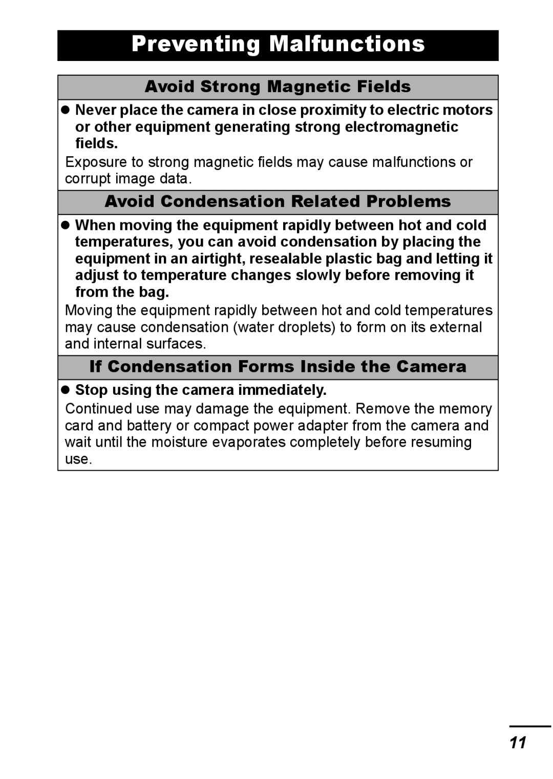 Canon IXUS 800 IS appendix Preventing Malfunctions, Avoid Strong Magnetic Fields, Avoid Condensation Related Problems 