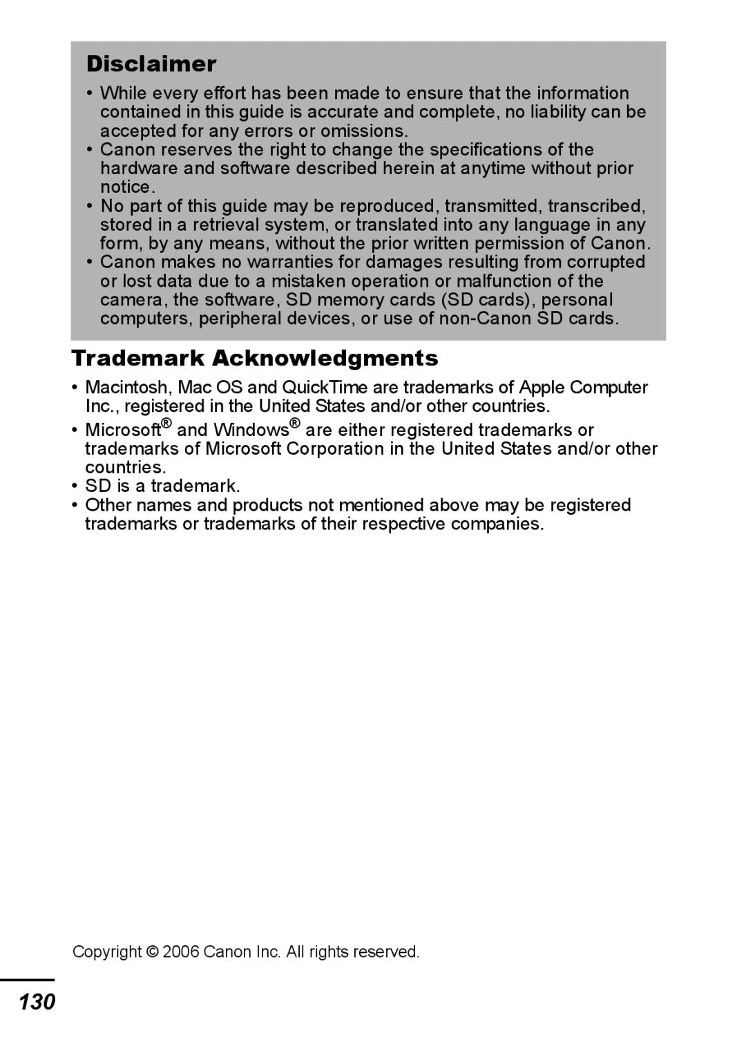 Canon IXUS 800 IS appendix Disclaimer, Trademark Acknowledgments, 130 