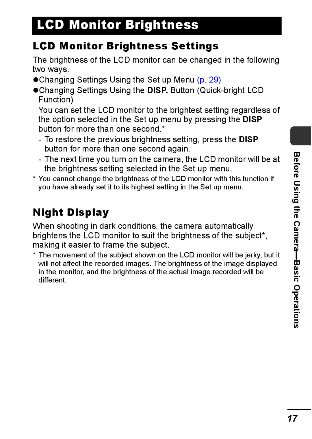 Canon IXUS 800 IS appendix LCD Monitor Brightness Settings, Night Display 