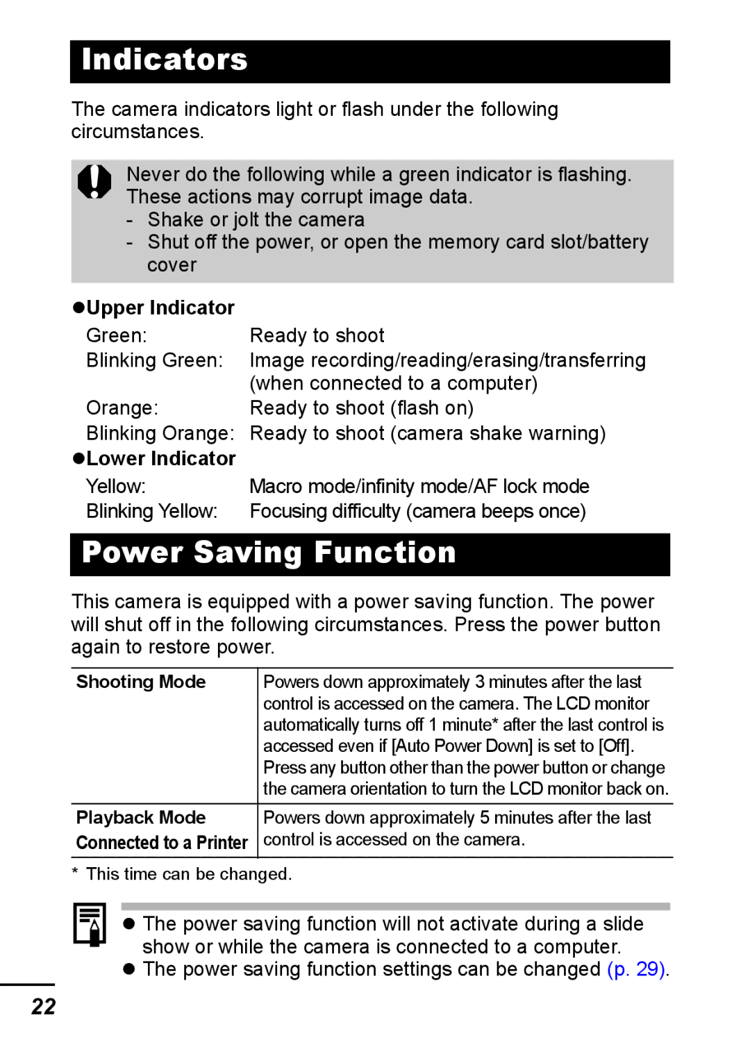 Canon IXUS 800 IS appendix Indicators, Power Saving Function, Upper Indicator, Lower Indicator, Shooting Mode 