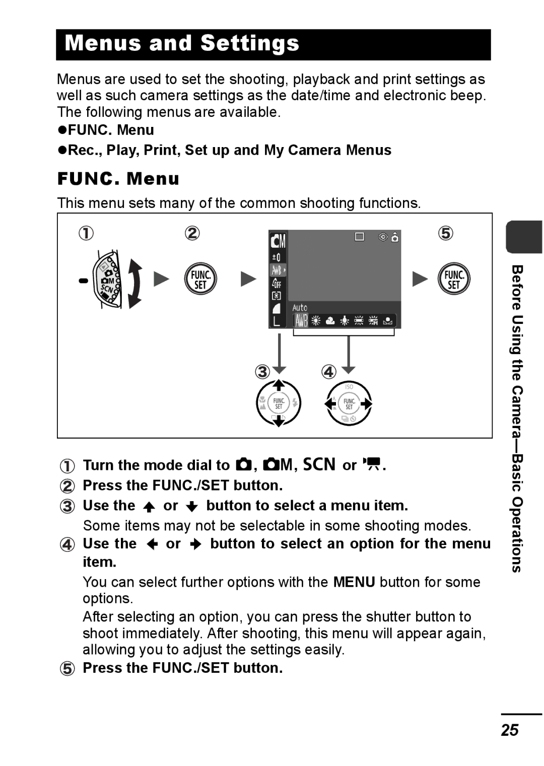 Canon IXUS 800 IS appendix Menus and Settings, FUNC. Menu Rec., Play, Print, Set up and My Camera Menus 