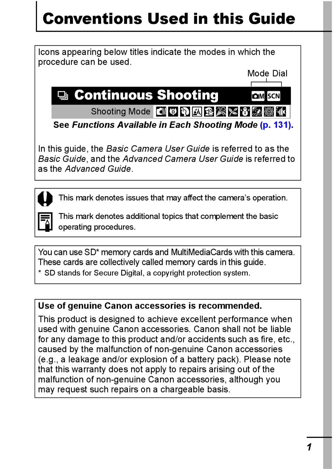 Canon IXUS 800 IS appendix Continuous Shooting, Use of genuine Canon accessories is recommended 