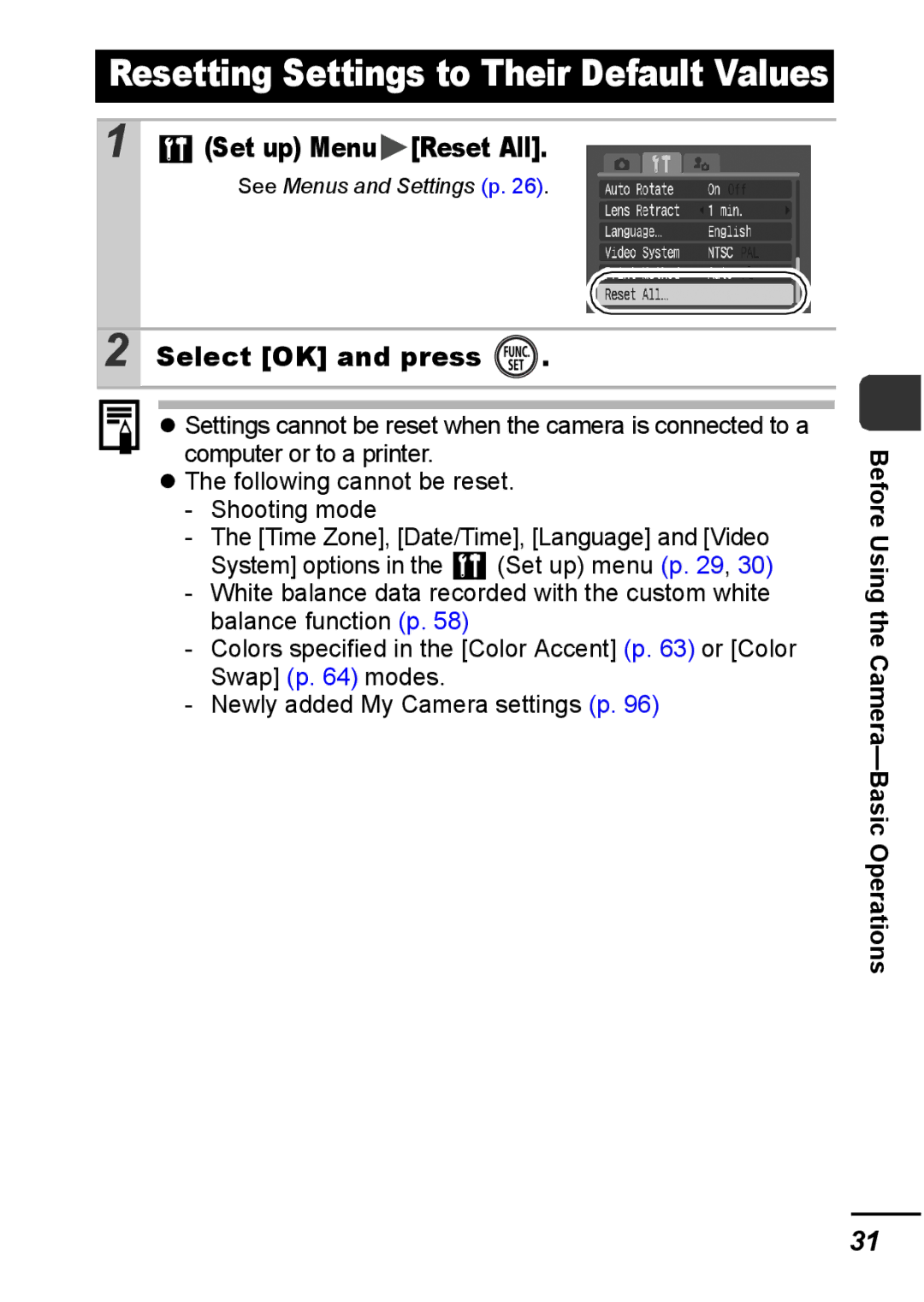 Canon IXUS 800 IS appendix Set up Menu Reset All, Select OK and press 