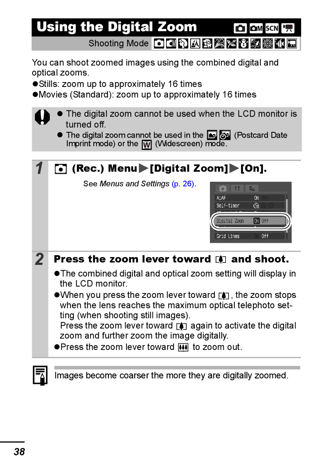 Canon IXUS 800 IS appendix Using the Digital Zoom, Rec. Menu Digital Zoom On, Press the zoom lever toward and shoot 