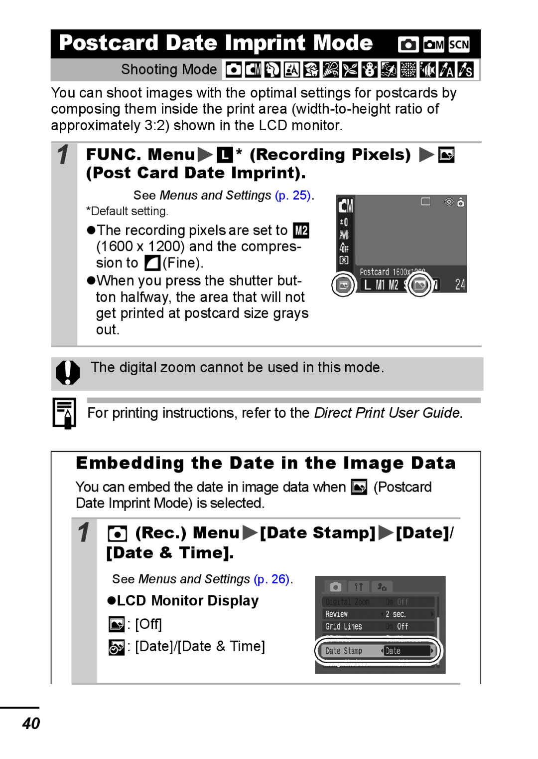 Canon IXUS 800 IS Postcard Date Imprint Mode, Embedding the Date in the Image Data, Rec. Menu Date Stamp Date/ Date & Time 