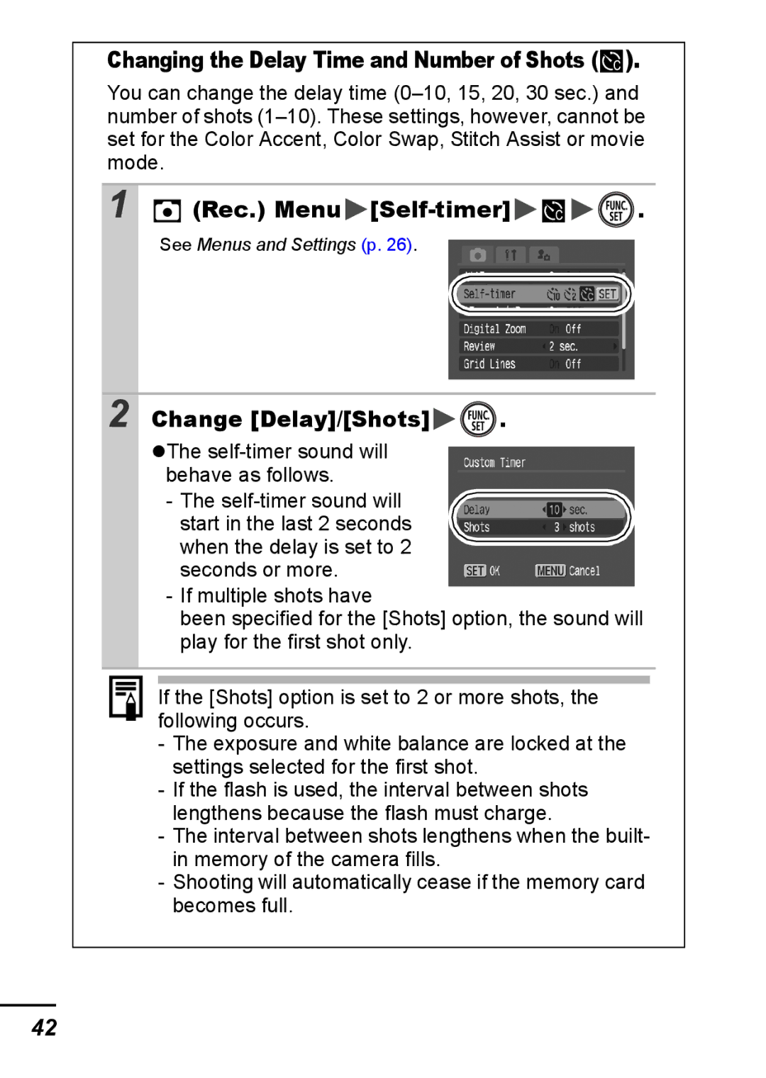 Canon IXUS 800 IS appendix Changing the Delay Time and Number of Shots, Rec. Menu Self-timer, Change Delay/Shots 