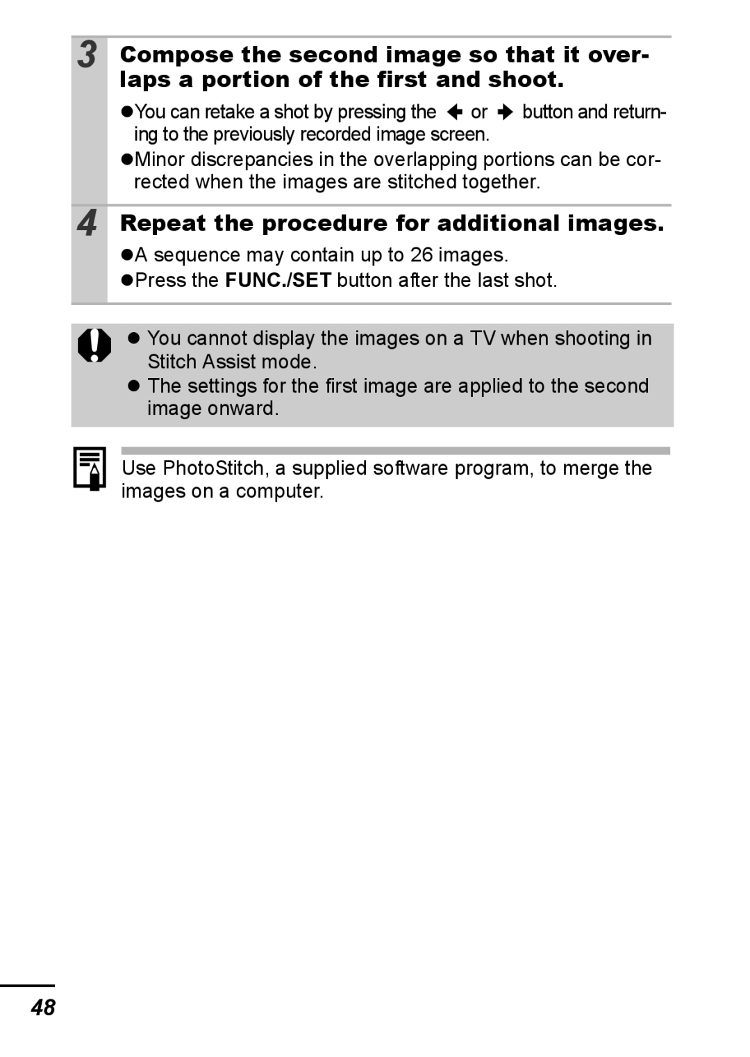 Canon IXUS 800 IS appendix Compose the second image so that it over, Laps a portion of the first and shoot 