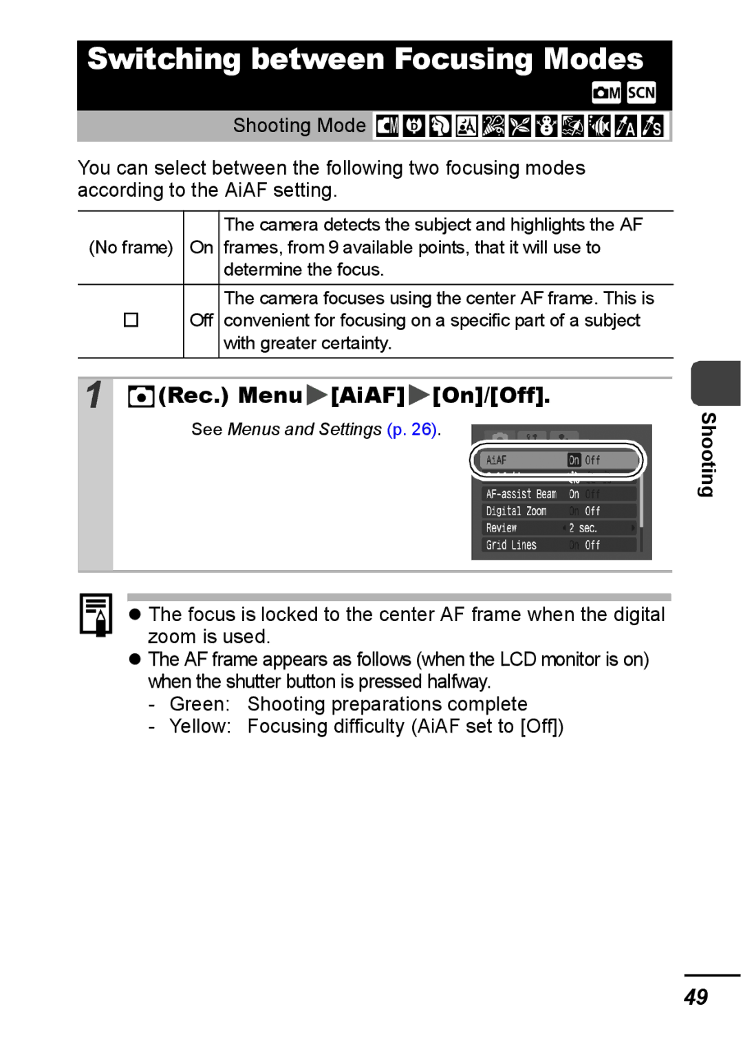 Canon IXUS 800 IS appendix Switching between Focusing Modes, Rec. Menu AiAF On/Off, With greater certainty 